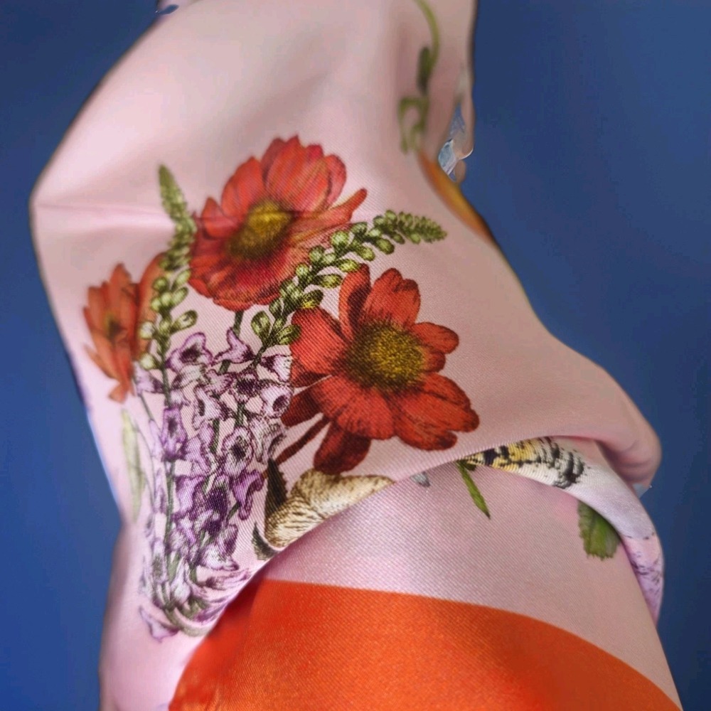 Texas wildflower Silk scarf, bluebonnet Bug Botanical Pink orange Souvenir Large - Picture 6 of 10